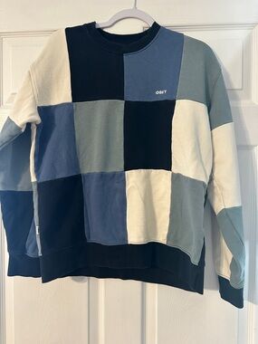Obey Patchwork Crewneck Sweatshirt in Navy, Light Blue, safe green & Cream